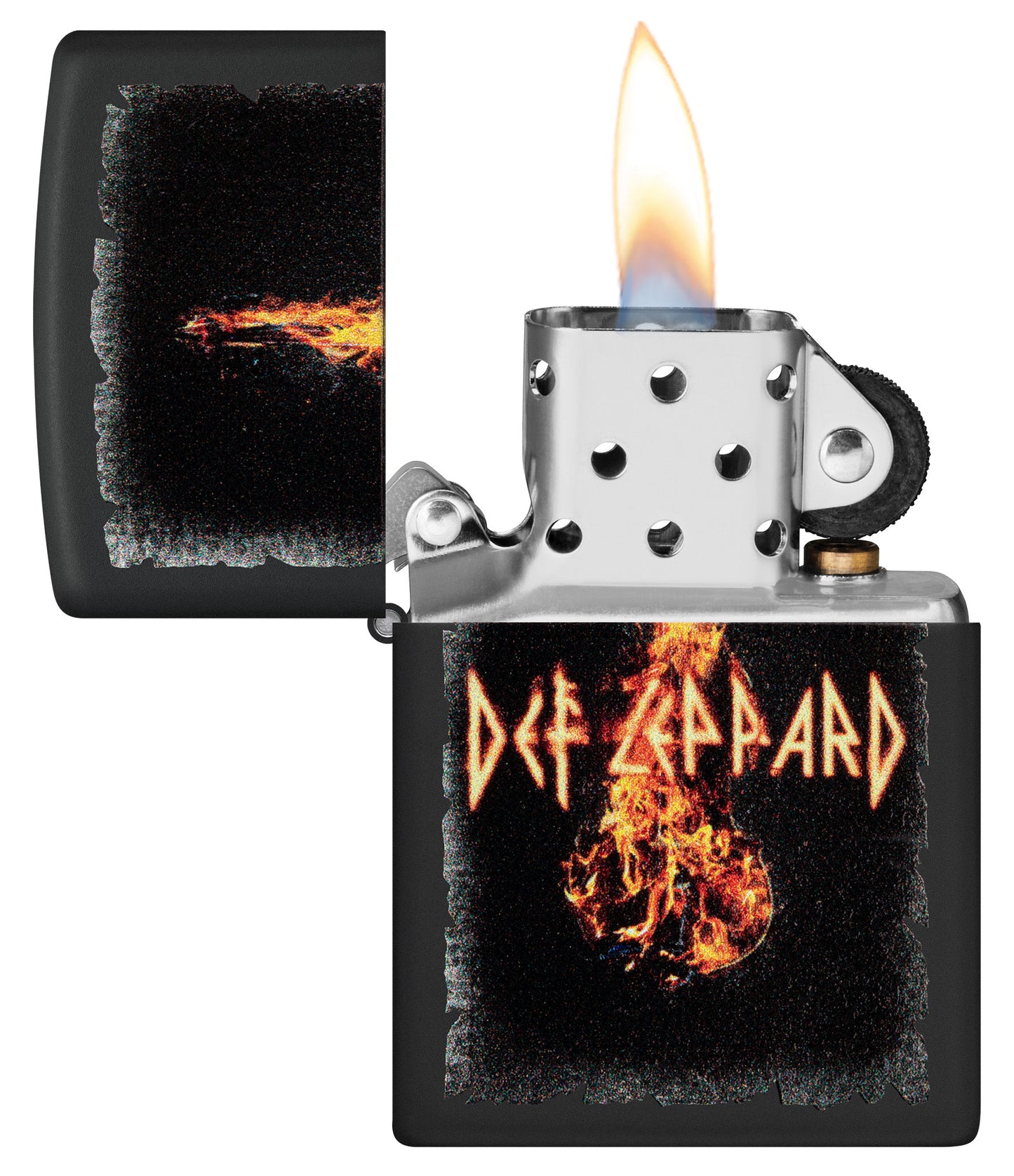 Zippo Def Leppard Burning Violin Black Matte Windproof Lighter with its lid open and lit.