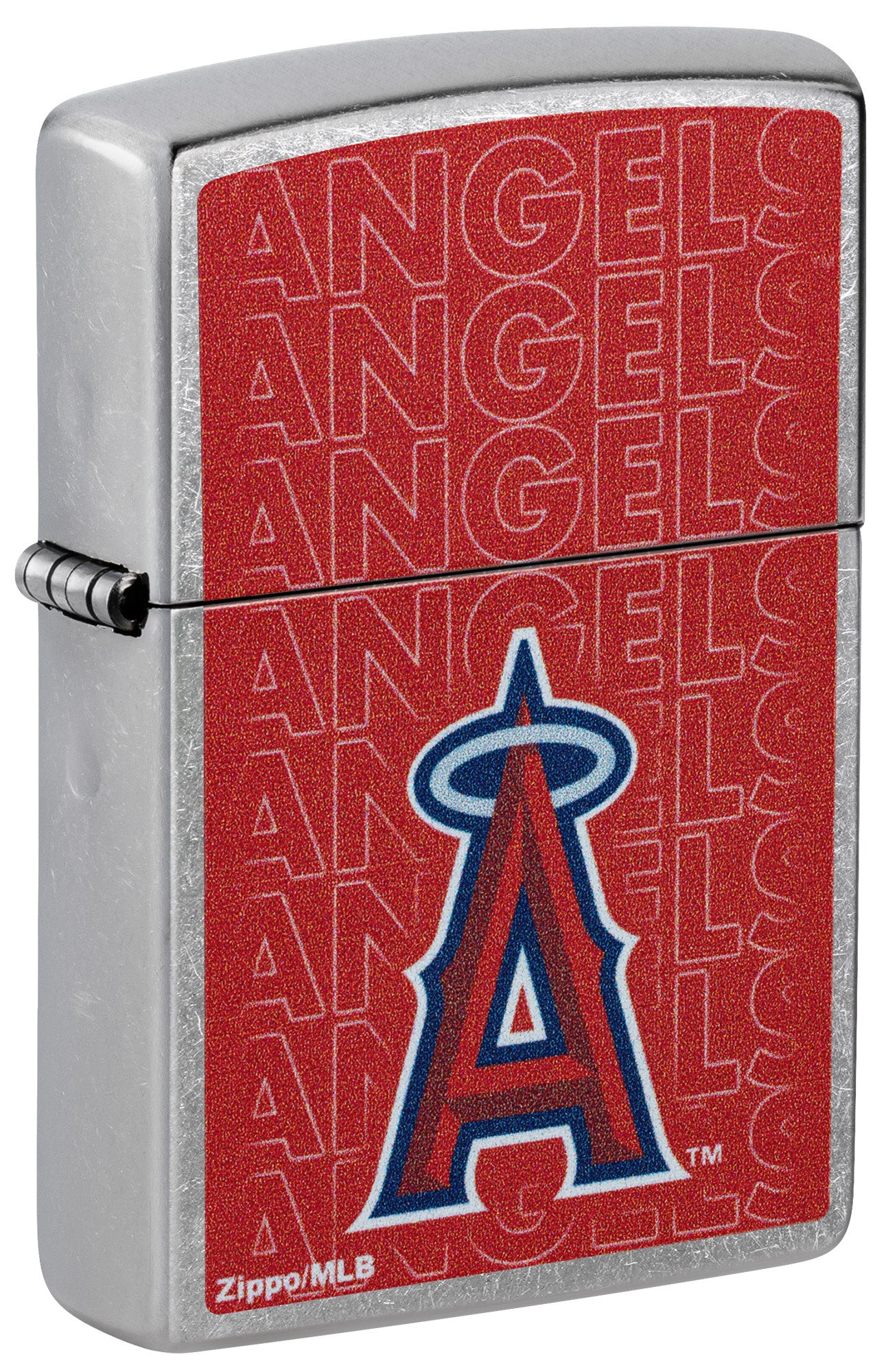 Front shot of Zippo MLB® Los Angeles Angels Street Chrome Windproof Lighter standing at a 3/4 angle.