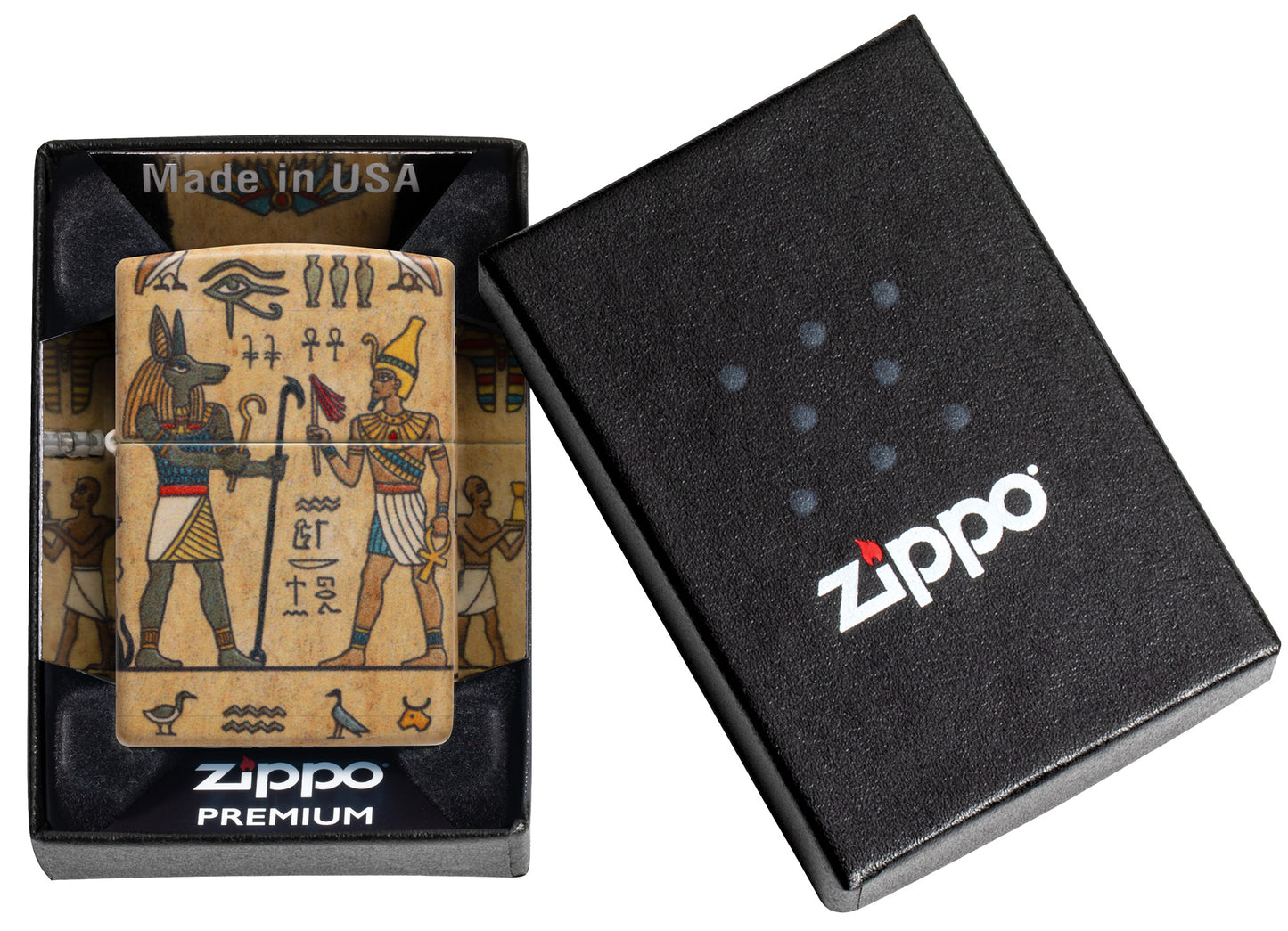 Zippo Ancient Glyphs Design White 540 Matte Windproof Lighter in its packaging.


