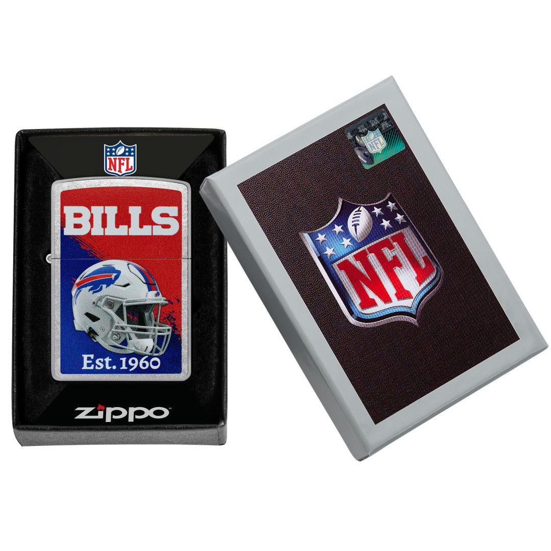 Zippo NFL Buffalo Bills Helmet Design Street Chrome Windproof Lighter in its packaging.