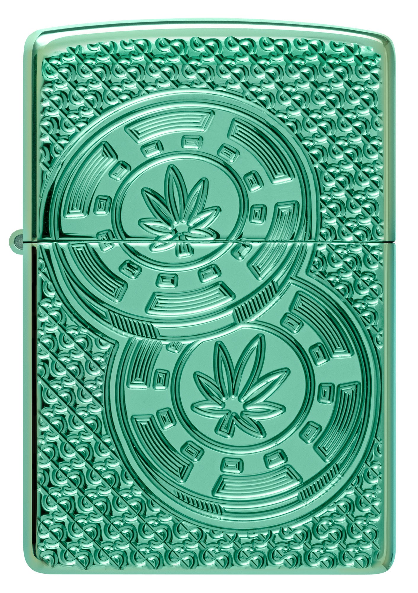 Front view of Zippo Cannabis Chips Design Armor High Polish Green Windproof Lighter.