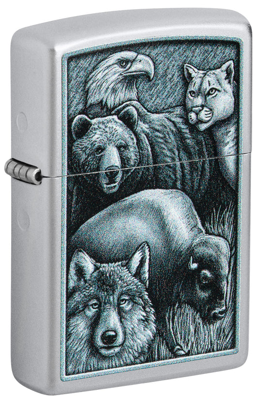 Front shot of Zippo Animal Kingdom Design Satin Chrome Windproof Lighter standing at a 3/4 angle.