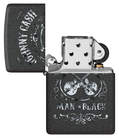 Zippo Johnny Cash Black Crackle Windproof Lighter with its lid open and unlit.