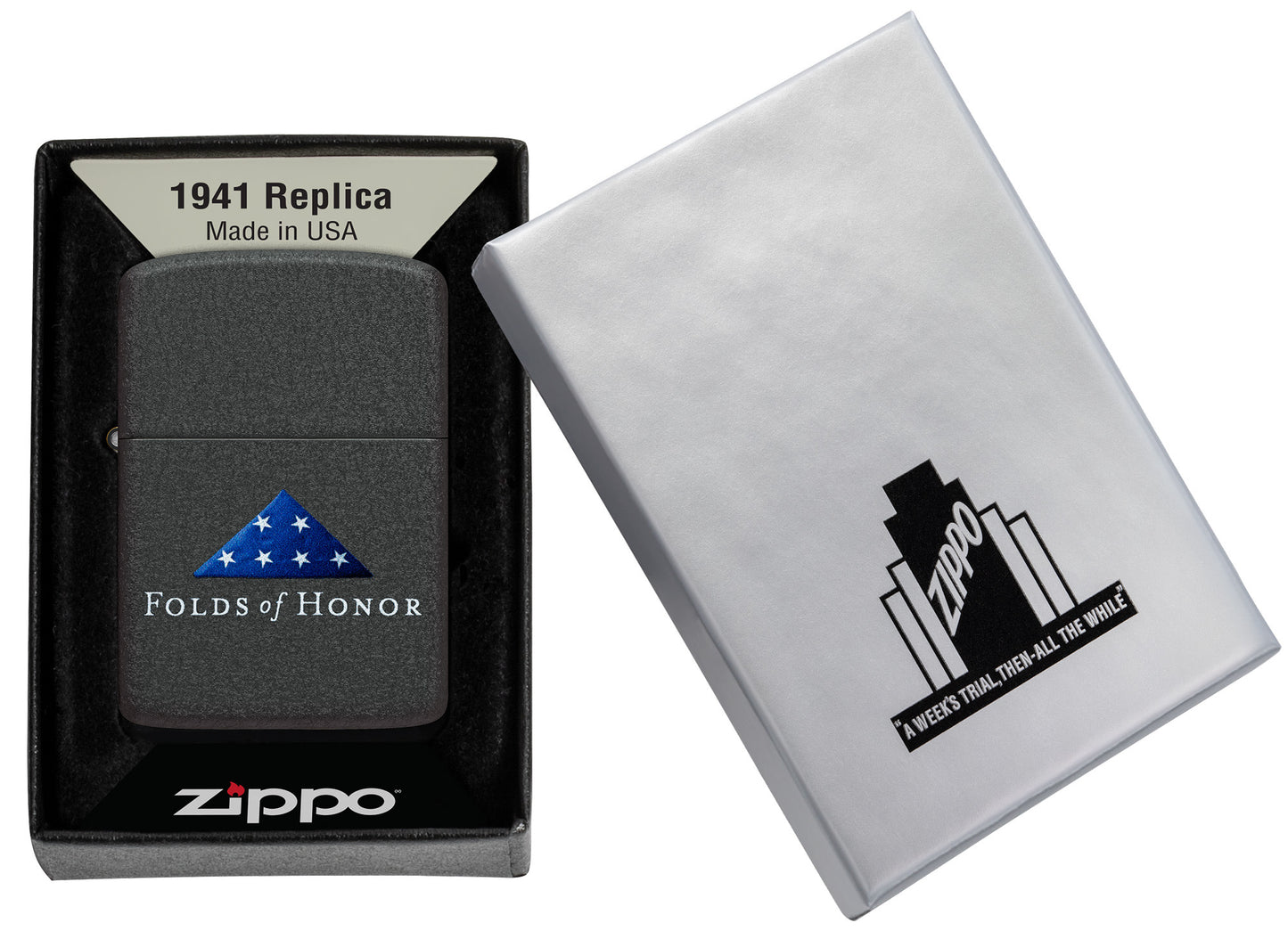 Zippo Folds of Honor Black Crackle Windproof Lighter in its packaging.