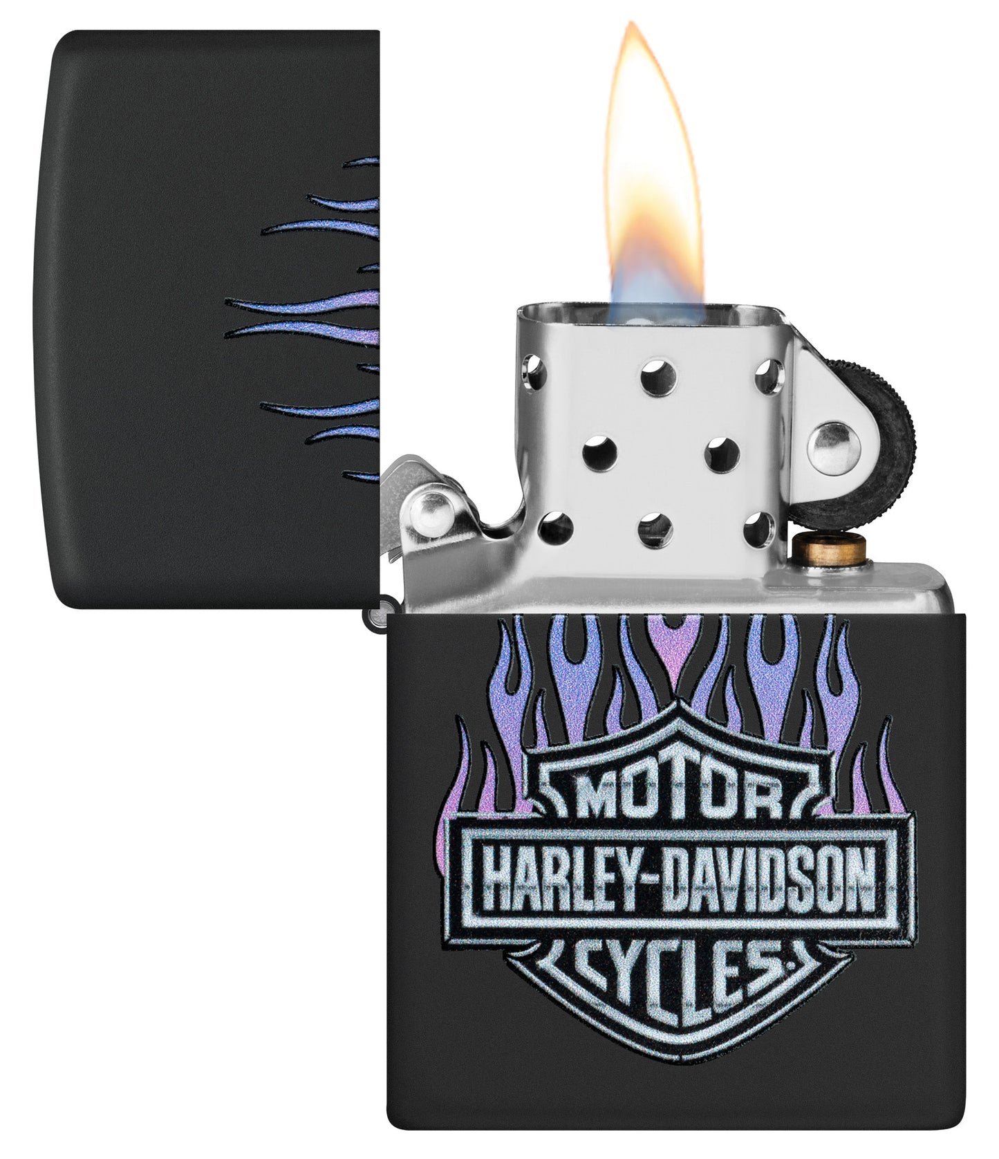 Zippo Harley Davidson® Flames Black Matte Windproof Lighter with its lid open and lit.