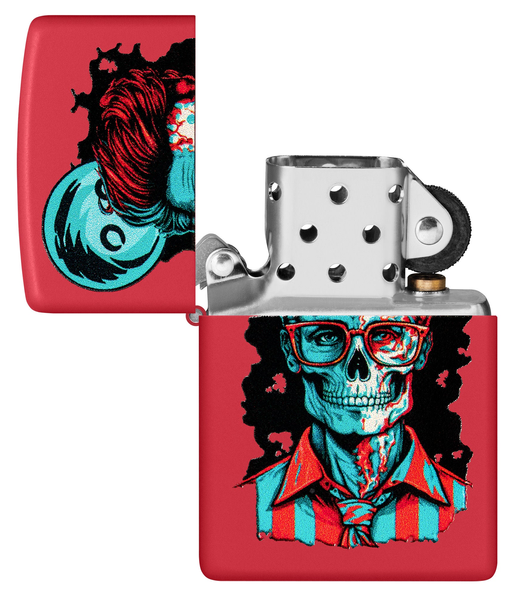 Zippo Dapper Skeleton Design Red Matte Windproof Lighter with its lid open and unlit.