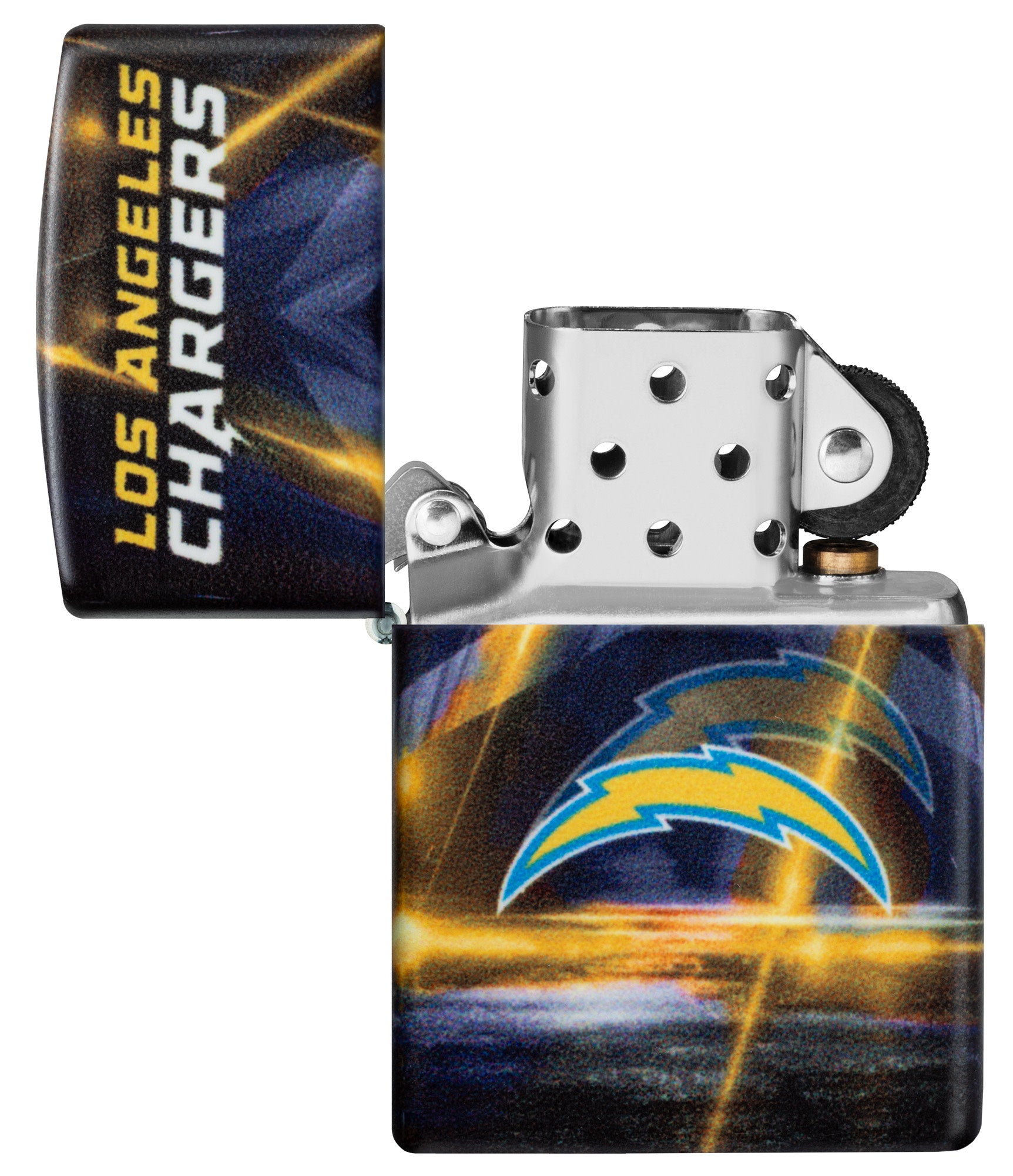 Zippo NFL Los Angeles Chargers 540 Matte Windproof Lighter with its lid open and unlit.