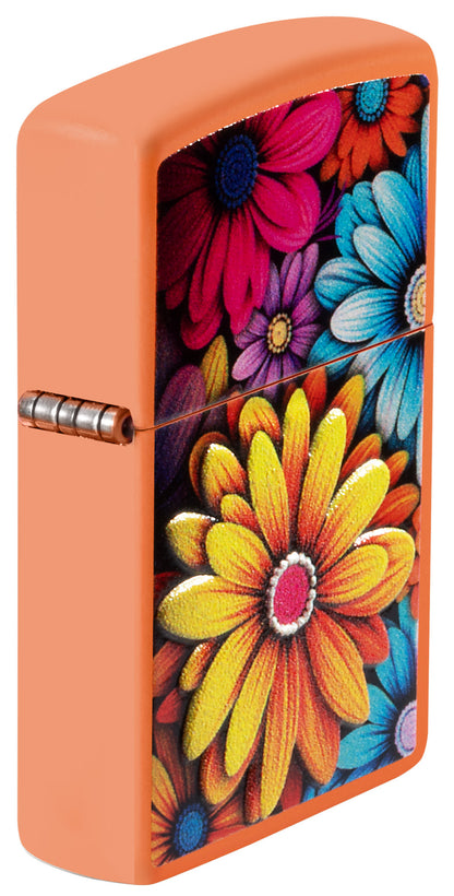 Angled shot of Zippo Flowers Design Orange Matte Windproof Lighter showing the front and hinge side of the lighter.