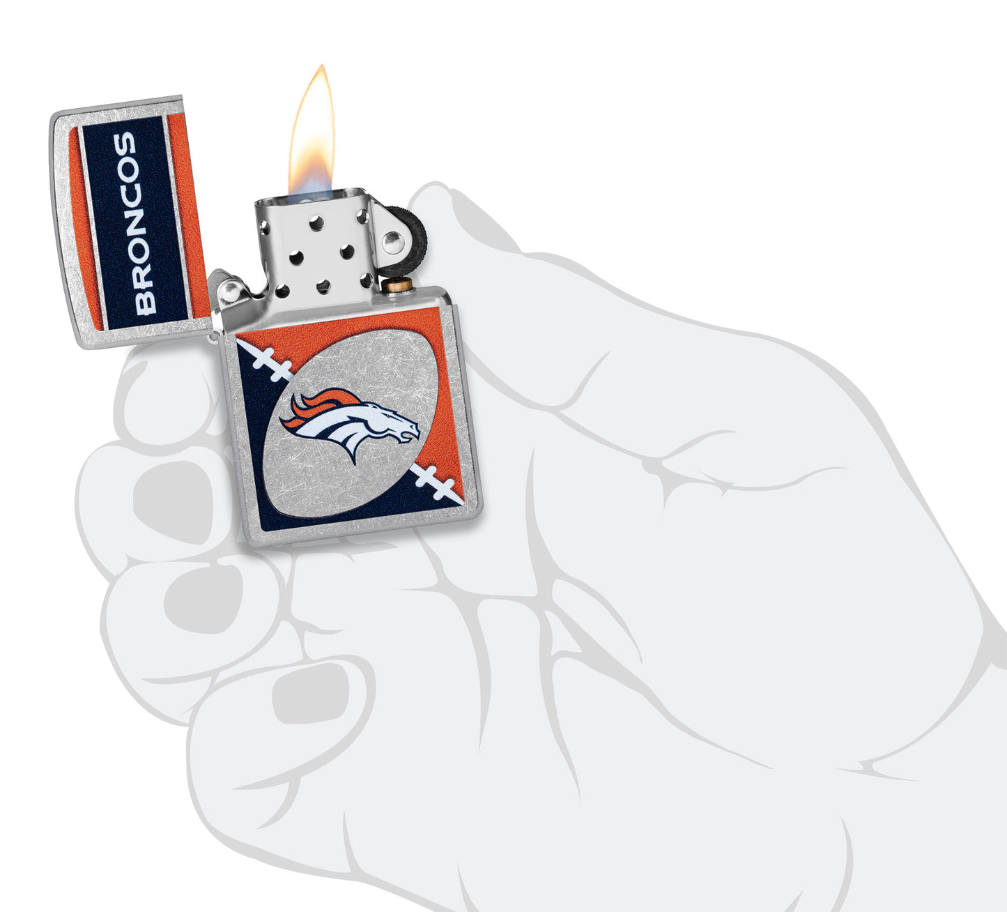 Zippo NFL Denver Broncos Street Chrome Windproof Lighter lit in hand.