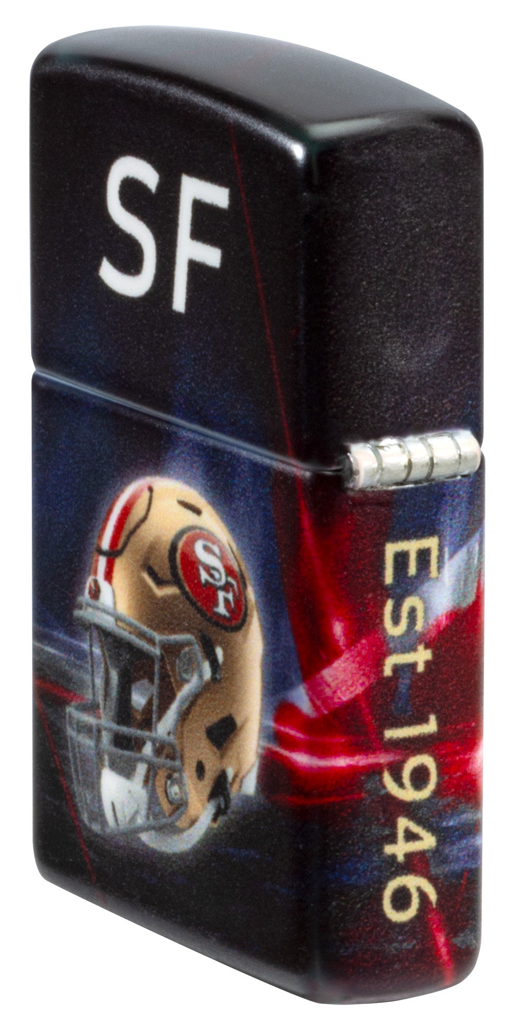 Angled shot of Zippo NFL San Francisco 49ers 540 Matte Windproof Lighter showing the back and hinge sides of the lighter.