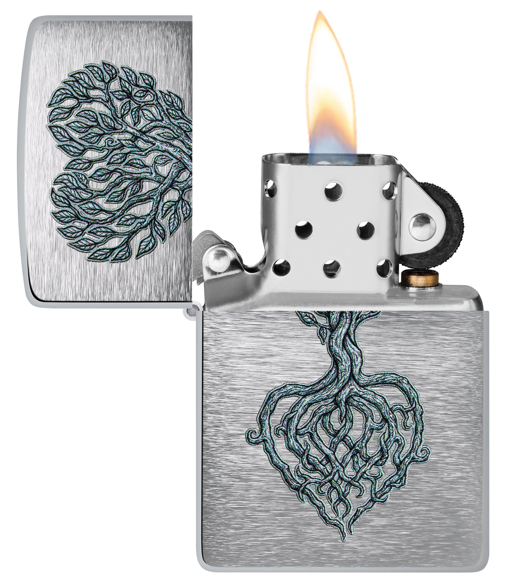 Zippo Rooted in Love Design Brushed Chrome Windproof Lighter with its lid open and lit.