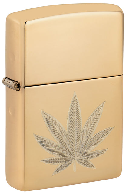 Front shot of Zippo Cannabis Leaf Design High Polish Brass Windproof Lighter standing at a 3/4 angle.