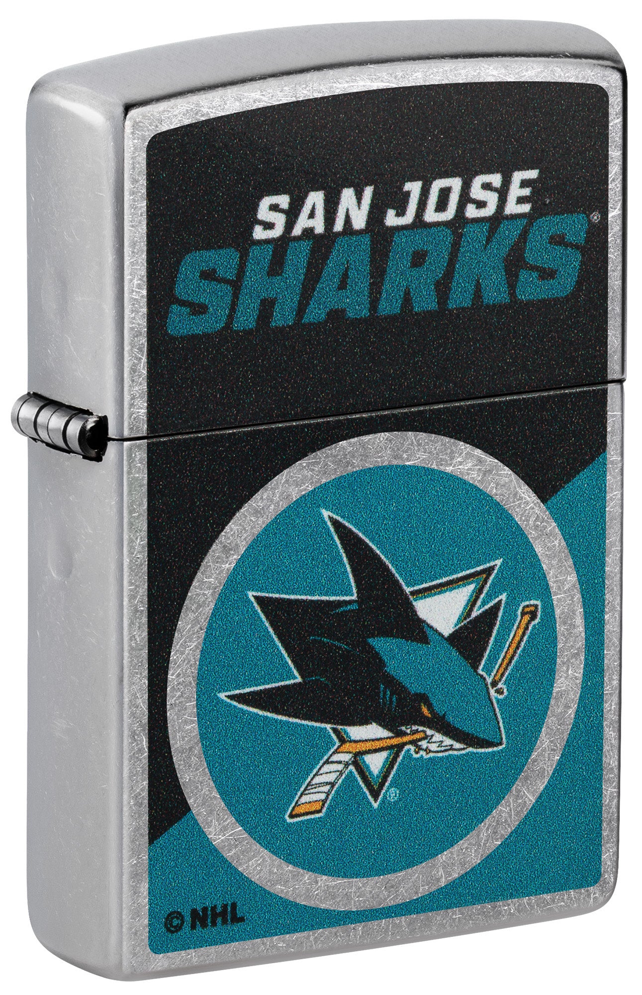 Front shot of Zippo NHL® San Jose Sharks® 2024 Street Chrome™ Windproof Lighter standing at a 3/4 angle.