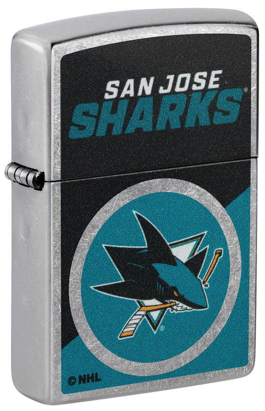 Front shot of Zippo NHL® San Jose Sharks® 2024 Street Chrome™ Windproof Lighter standing at a 3/4 angle.