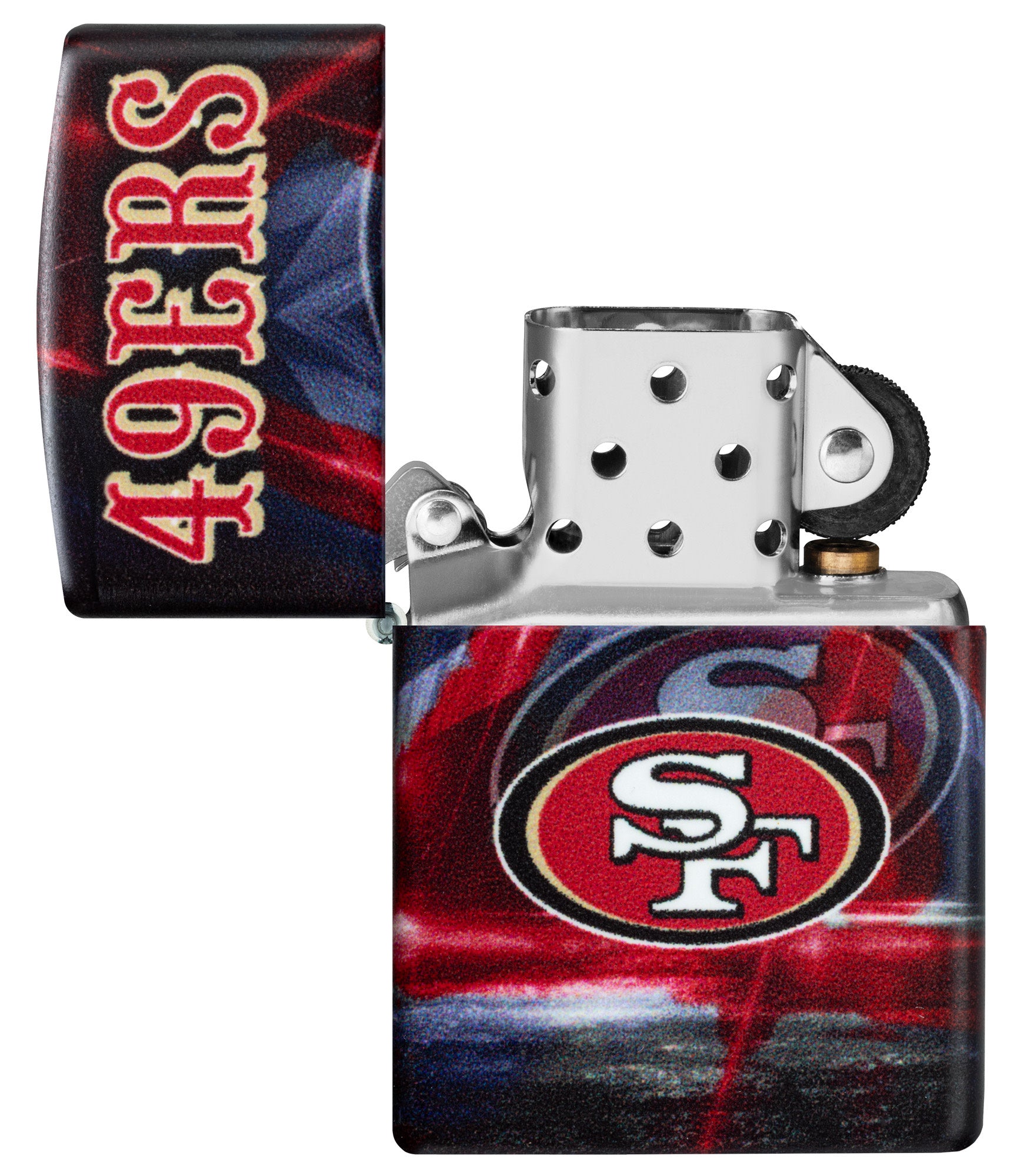 Zippo NFL San Francisco 49ers 540 Matte Windproof Lighter with its lid open and unlit.