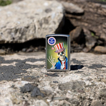 Lifestyle image of Zippo Good Ol' Grateful Dead Design Street Chrome Windproof Lighter standing on a rocky surface showing the front of the lighter. 

