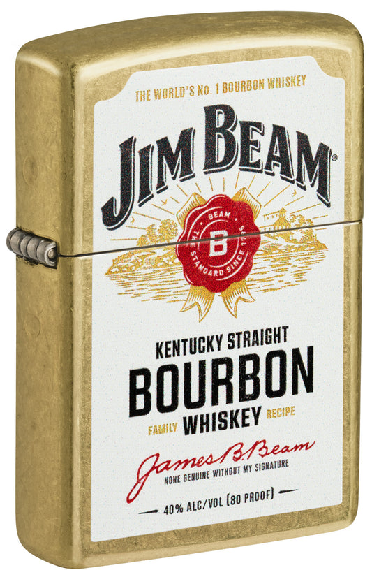 Front shot of Zippo Jim Beam® Label Design Regular Street Brass Windproof Lighter standing at a 3/4 angle.