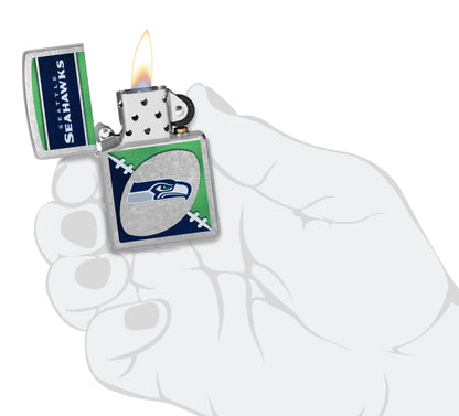 Zippo NFL Seattle Seahawks Street Chrome Windproof Lighter lit in hand.