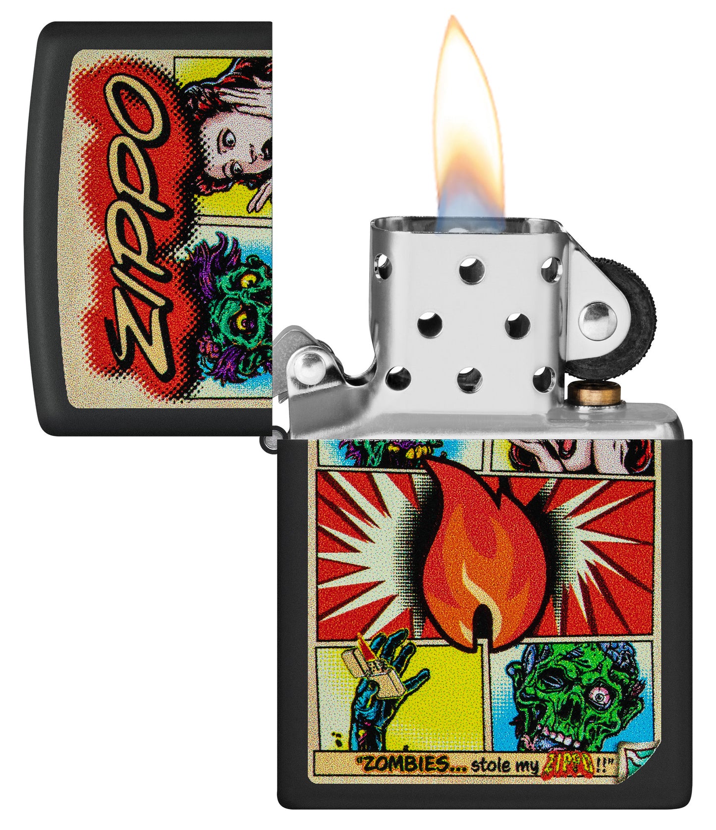 Zippo Comic Zombies Design Black Matte Windproof Lighter with its lid open and lit.