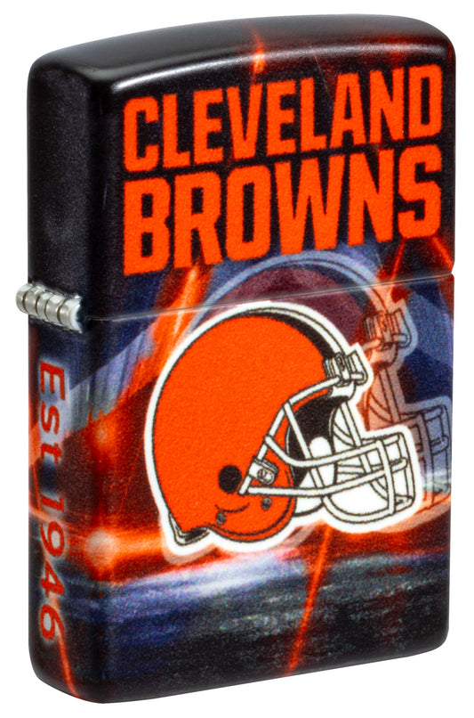 Front shot of Zippo NFL Cleveland Browns 540 Matte Windproof Lighter standing at a 3/4 angle.