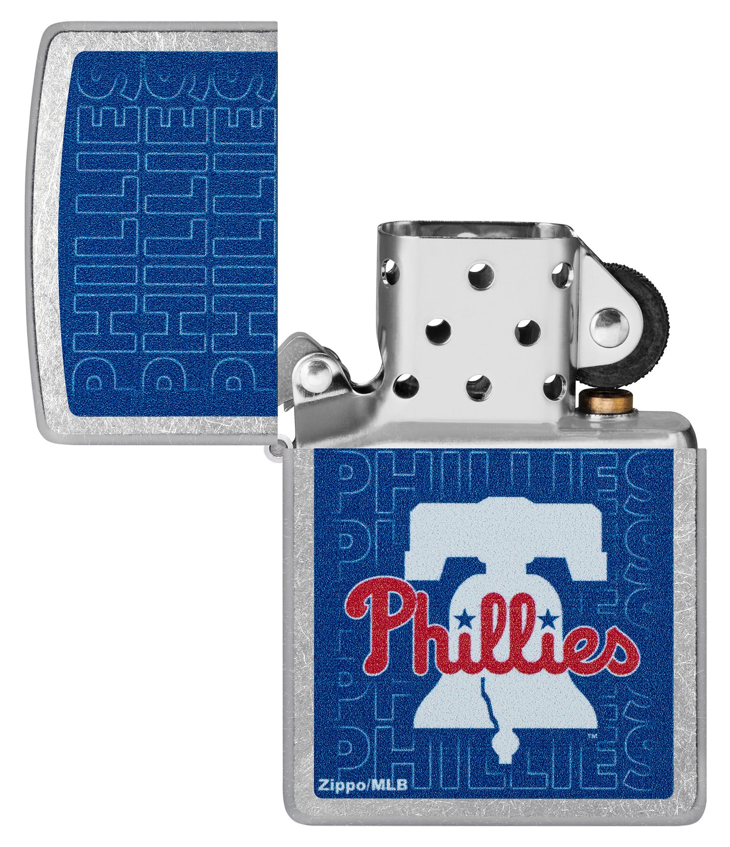 Zippo MLB® Philadelphia Phillies Street Chrome Windproof Lighter with its lid open and unlit.