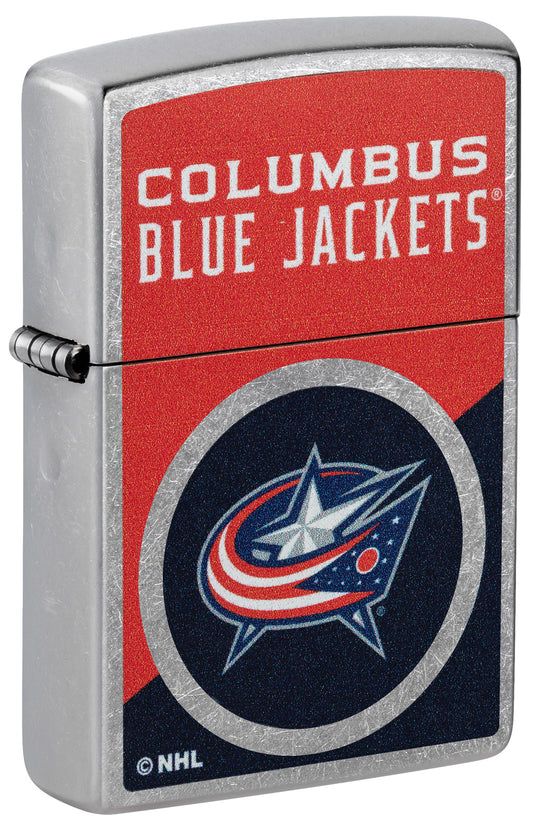 Front shot of Zippo NHL® Columbus Blue Jackets® 2024 Street Chrome™ Windproof Lighter standing at a 3/4 angle.