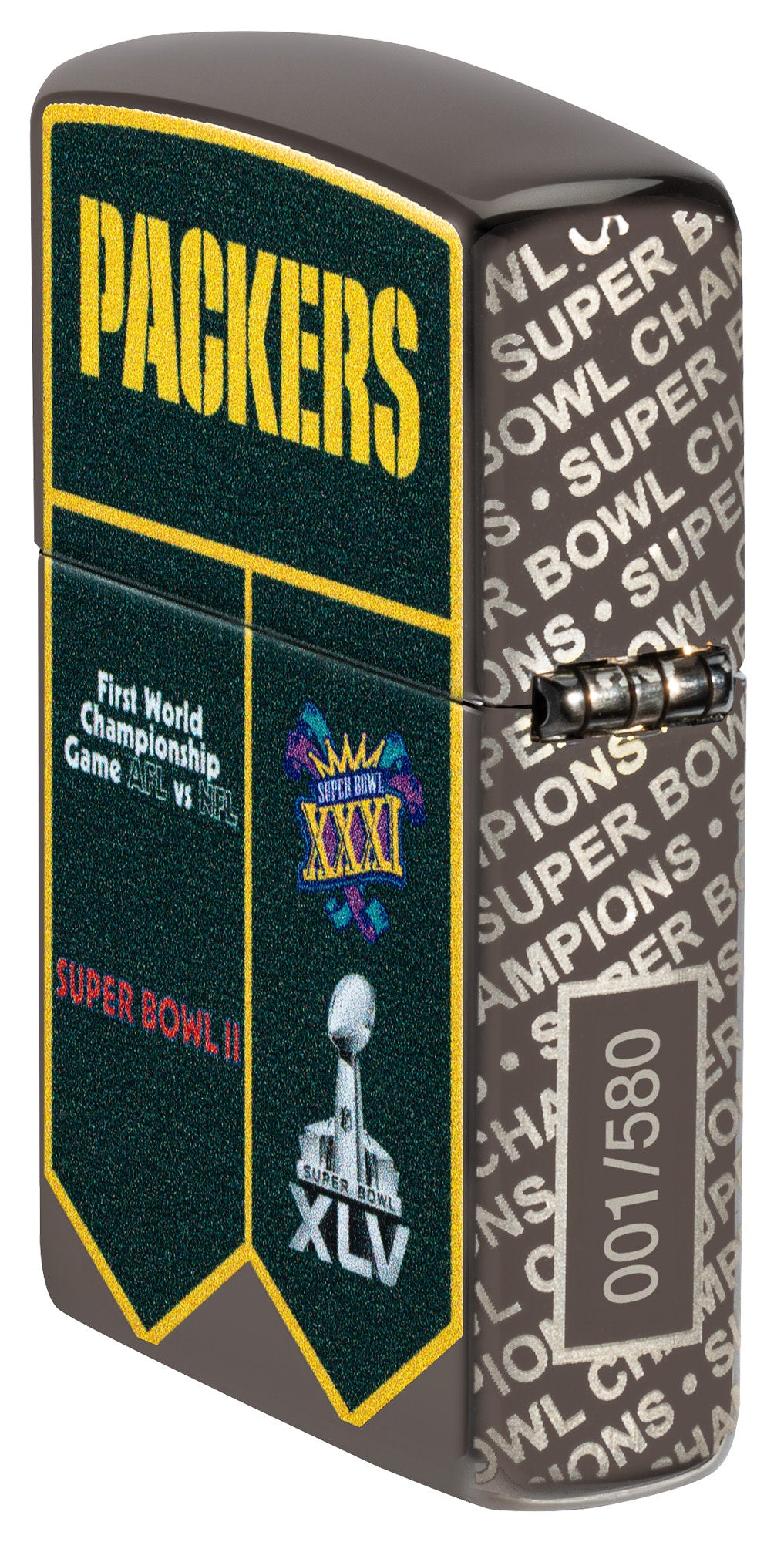 Angled shot of Zippo NFL Green Bay Packers Super Bowl Commemorative Armor Black Ice Windproof Lighter showing the back and hinge side of the lighter.