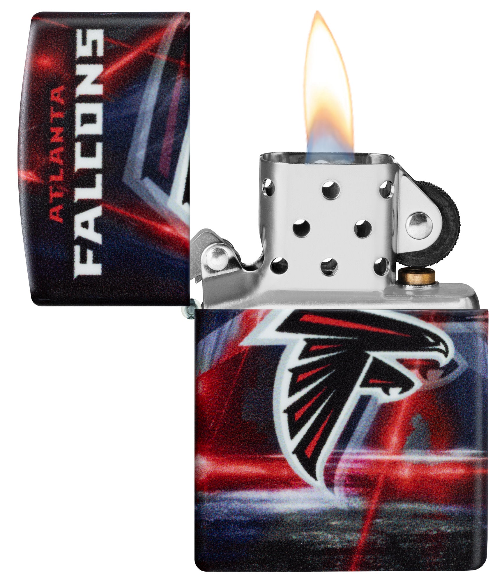 Zippo NFL Atlanta Falcons 540 Matte Windproof Lighter with its lid open and lit.