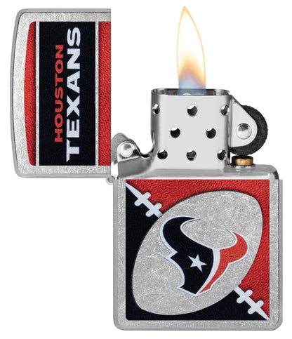 Zippo NFL Houston Texans Street Chrome Windproof Lighter with its lid open and lit.