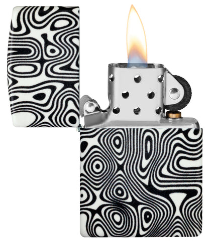 Zippo Glowing Swirls Design 540 Color Glow in the Dark Windproof Lighter with its lid open and lit.