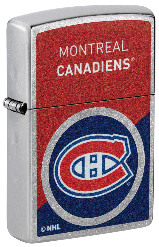 Front shot of Zippo NHL® Montreal Canadiens® 2024 Street Chrome™ Windproof Lighter standing at a 3/4 angle.