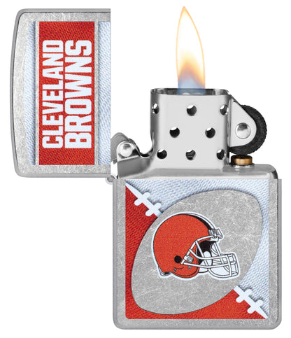 Zippo NFL Cleveland Browns Street Chrome Windproof Lighter with its lid open and lit.