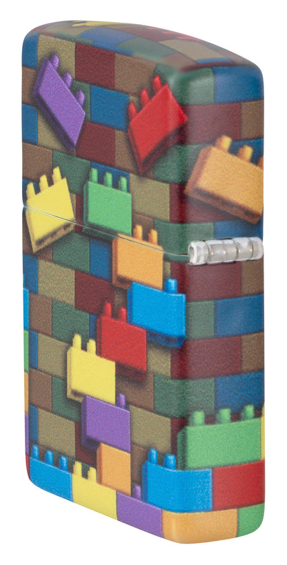 Back Side View of Zippo Building Blocks Bit Safe Design Windproof Lighter 3/4 angle hinge side