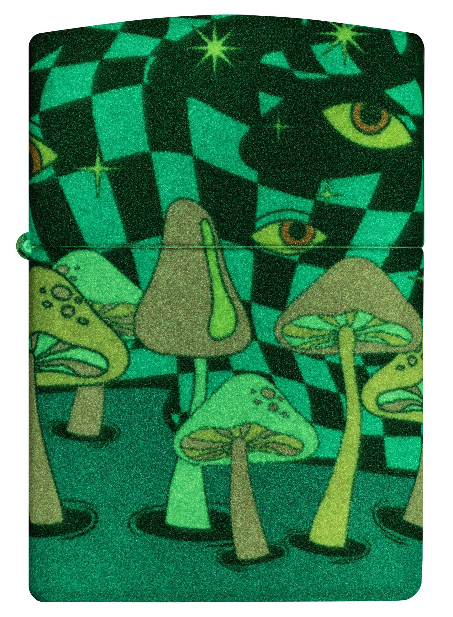 Front view of Zippo Mushroom Party Design Glow in the Dark Windproof Lighter glowing in the dark.