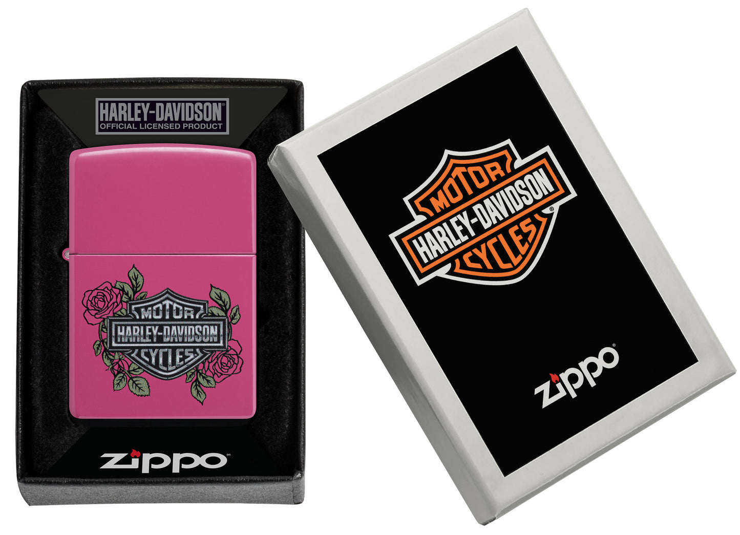 Zippo Harley-Davidson® Roses Frequency Windproof Lighter in its packaging.