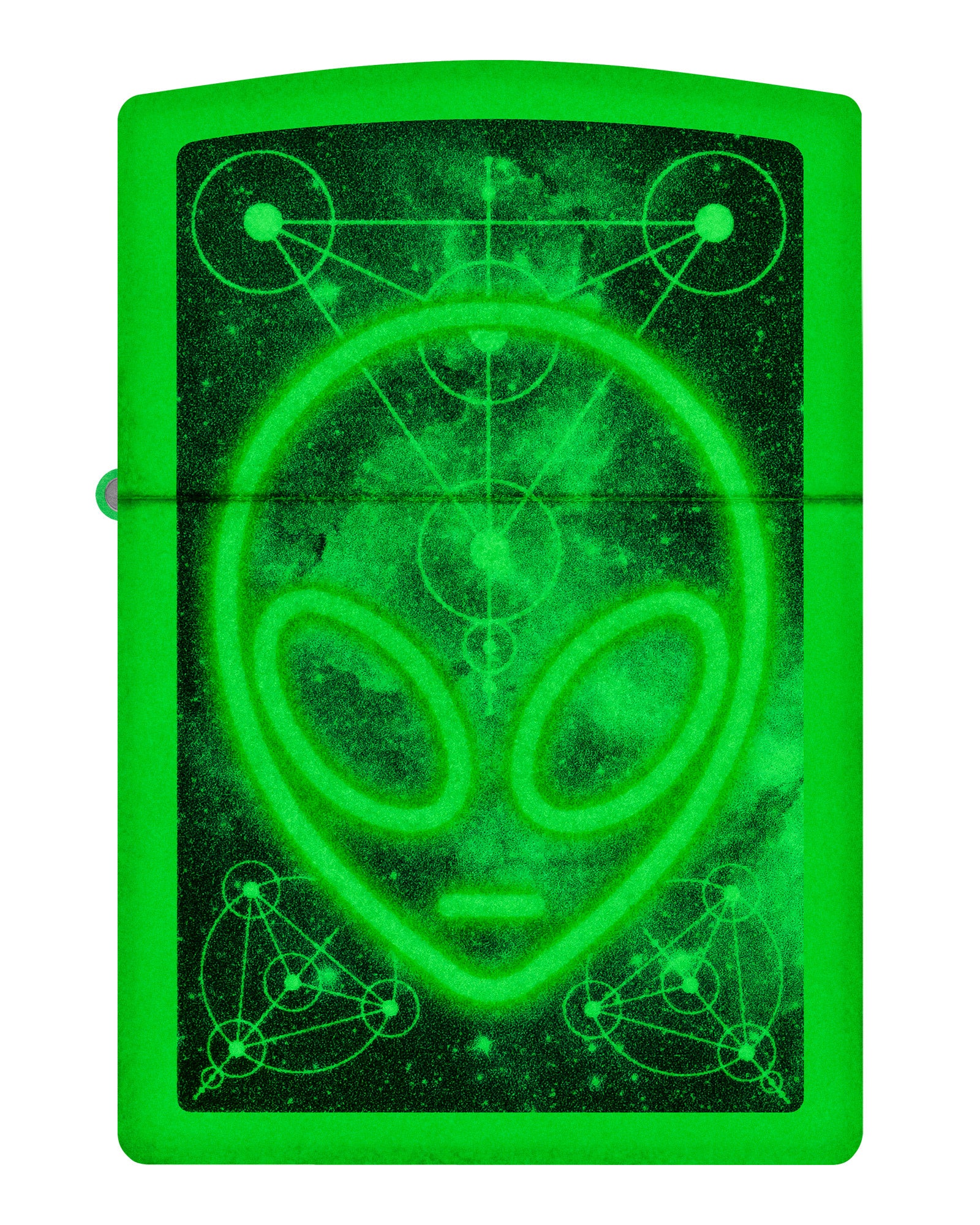 Front view of Zippo Glowing Alien Design Glow in the Dark Windproof Lighter glowing in the dark.