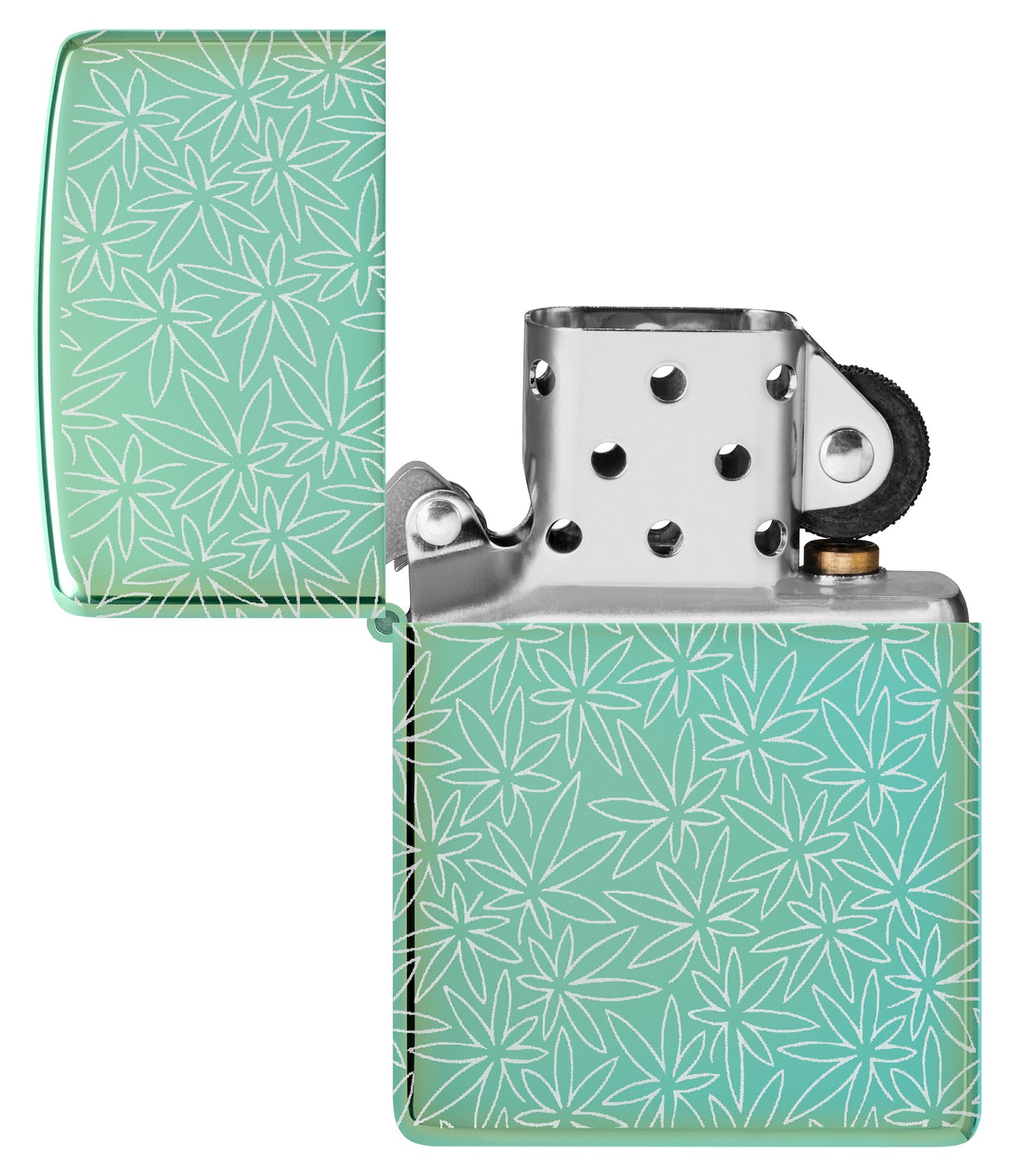 Zippo Atomic Cannabis Design High Polish Green Windproof Lighter with its lid open and unlit.