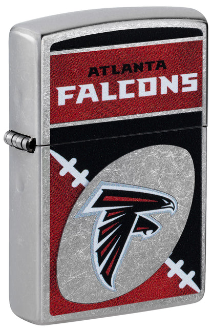 Front shot of Zippo NFL Atlanta Falcons Street Chrome Windproof Lighter standing at a 3/4 angle.