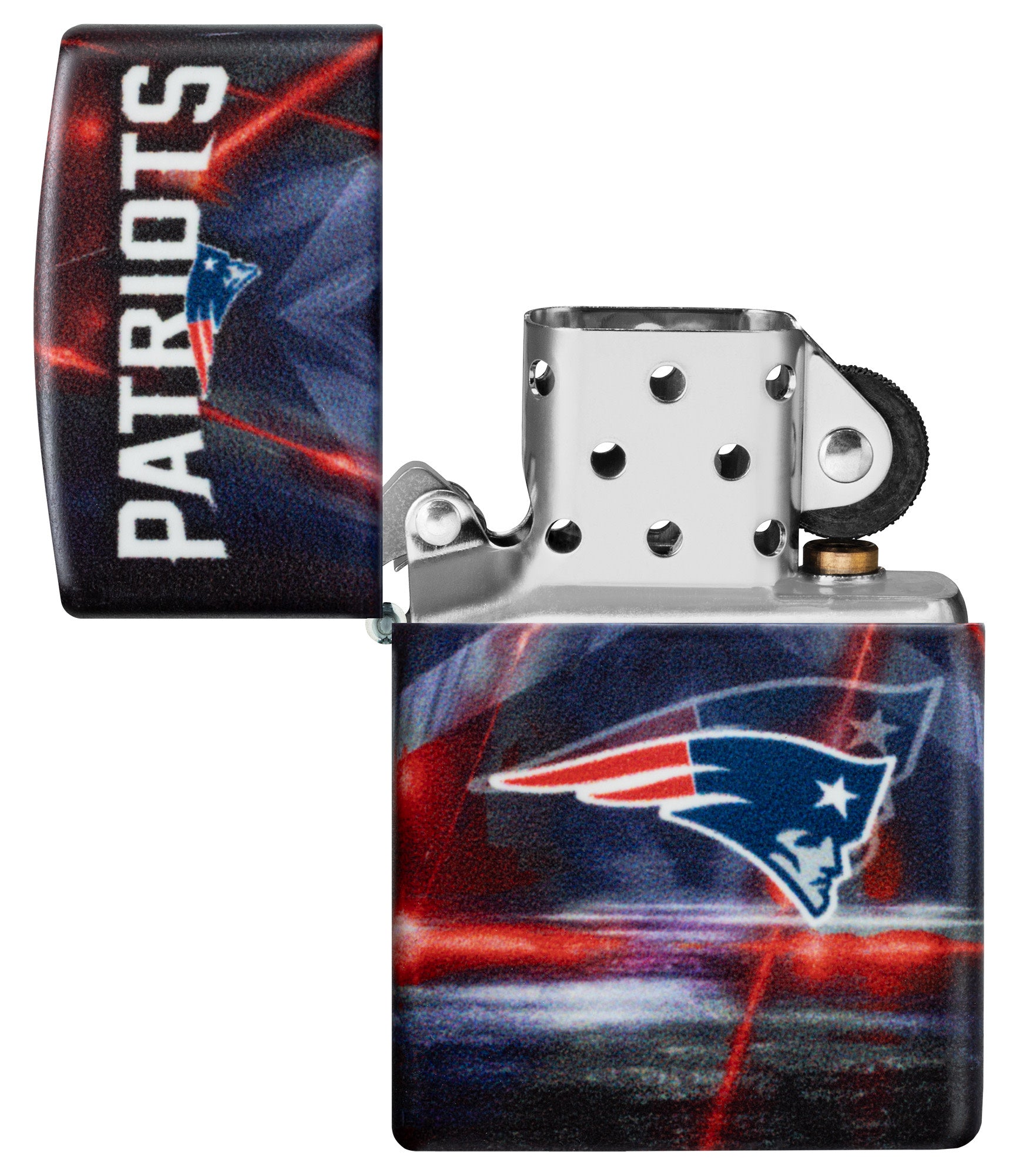 Zippo NFL New England Patriots 540 Matte Windproof Lighter with its lid open and unlit.