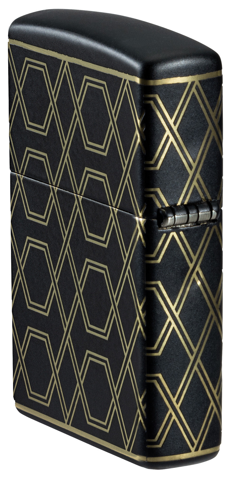 Angled shot of Zippo Queen Of Bud Geometric Design Black Matte Windproof Lighter showing the back and hinge sides of the lighter.