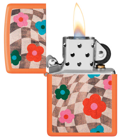 Zippo Wavy Flower Design Orange Matte Windproof Lighter with its lid open and lit.