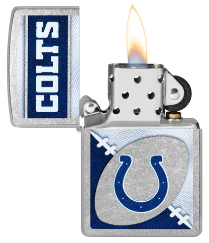 Zippo NFL Indianapolis Colts Street Chrome Windproof Lighter with its lid open and lit.