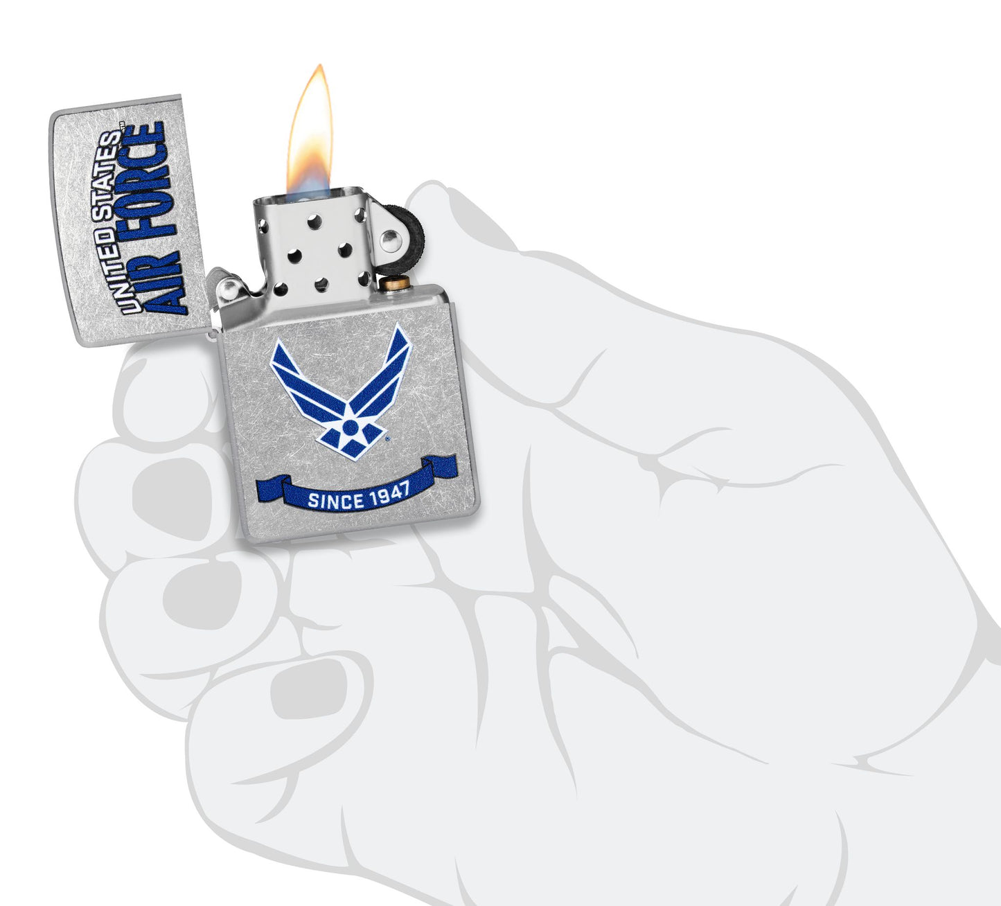 Zippo U.S. Air Force™ Banner Design Street Chrome Windproof Lighter lit in hand.