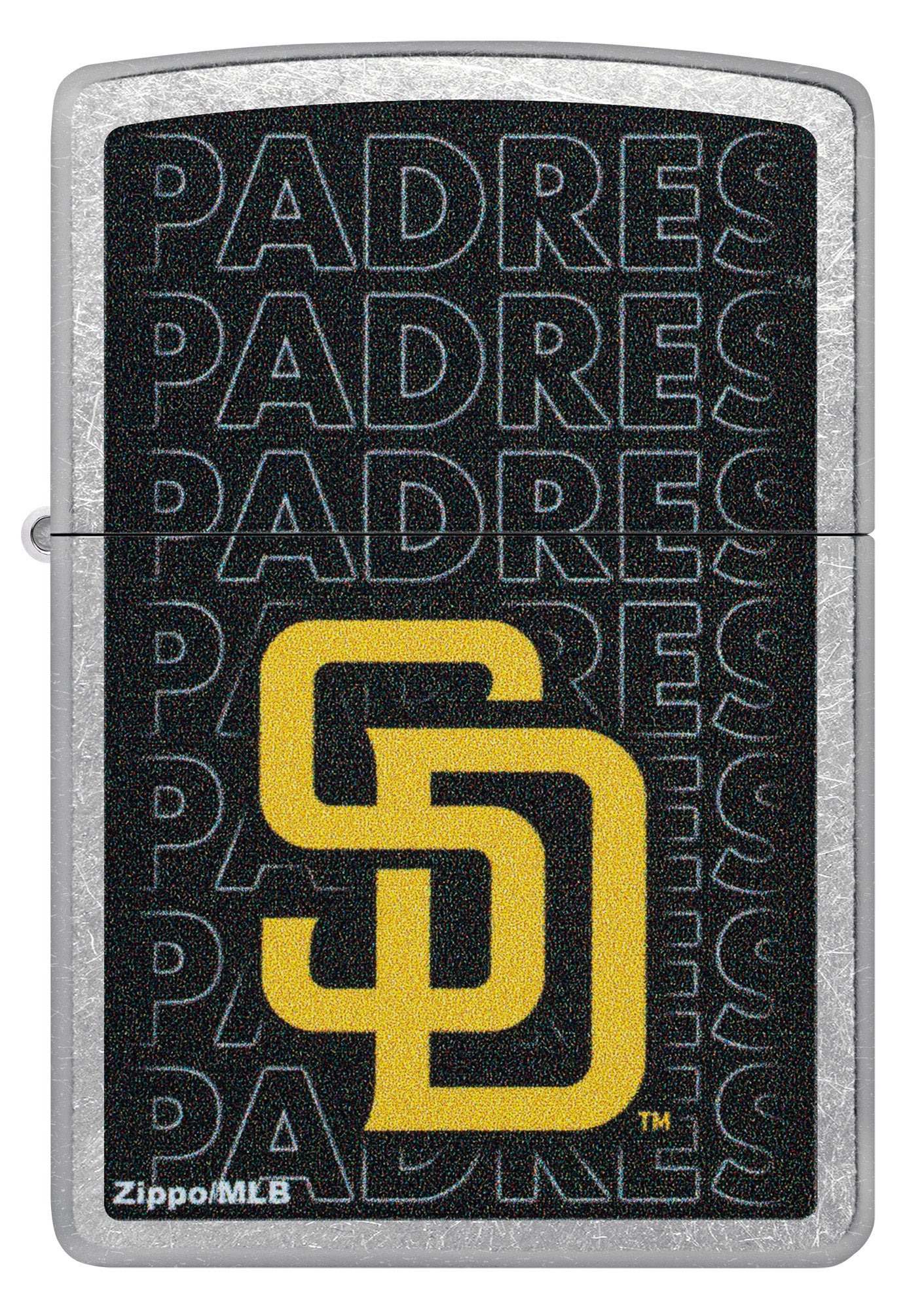 Front view of Zippo MLB® San Diego Padres Street Chrome Windproof Lighter.