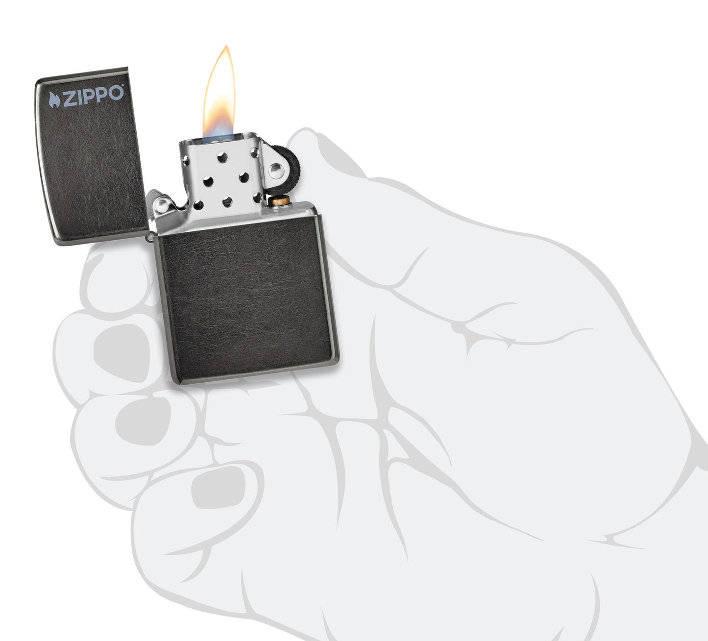 Zippo Classic Grey Zippo Logo Windproof Lighter lit in hand.