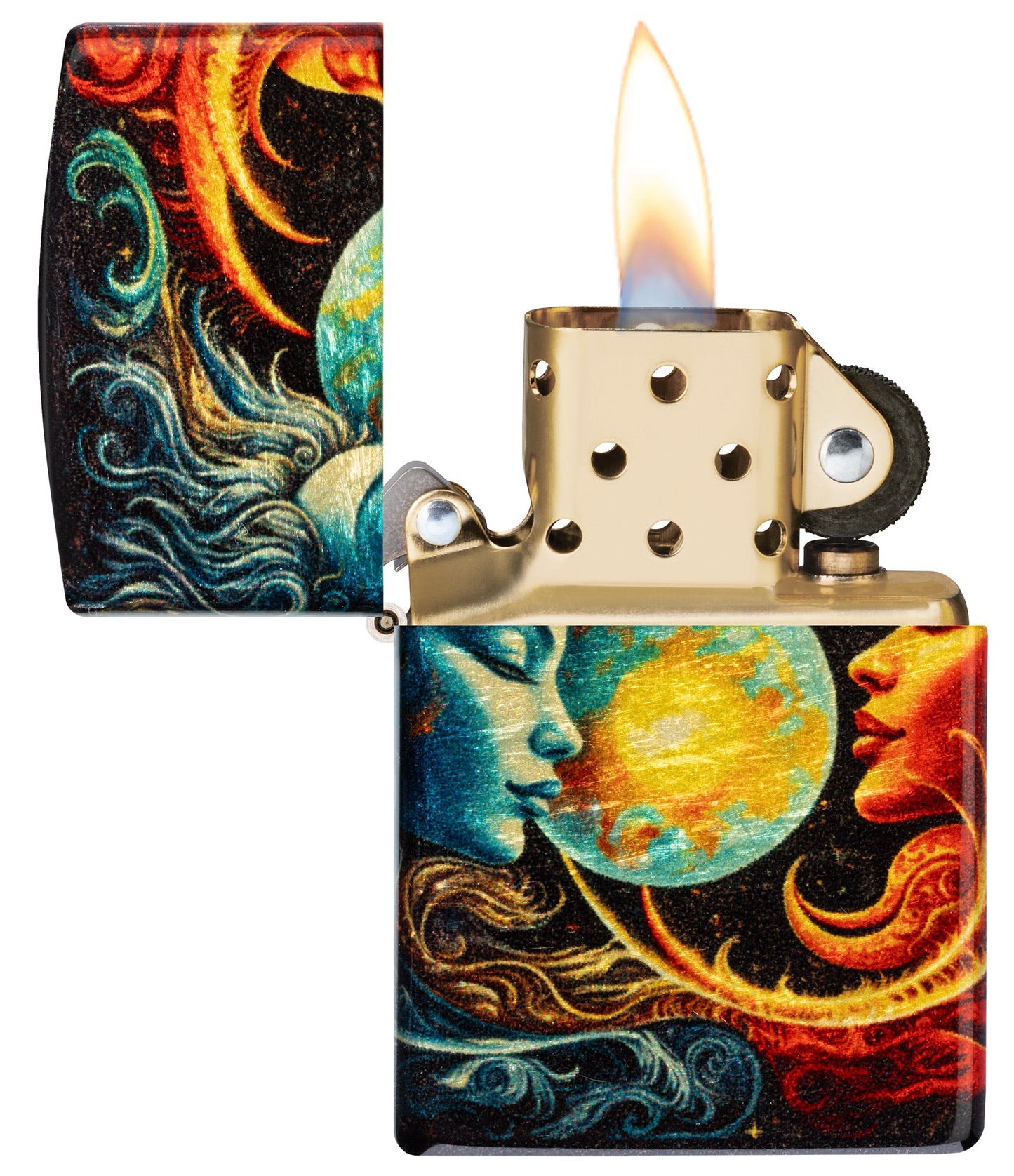 Zippo Sun and Moon Design 540 Tumbled Brass Windproof Lighter with its lid open and lit.