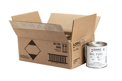 Image of the Zippo FlameScapes™ 180g Gel Fuel can standing next to the opened box the fuel comes in.