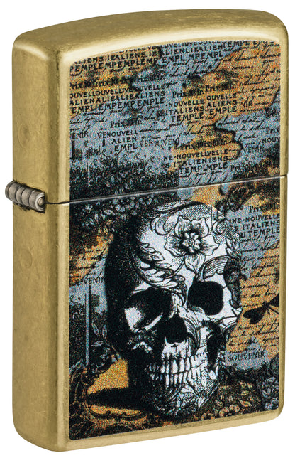 Front shot of Zippo Floral Skull Design Street Brass Windproof Lighter standing at a 3/4 angle.