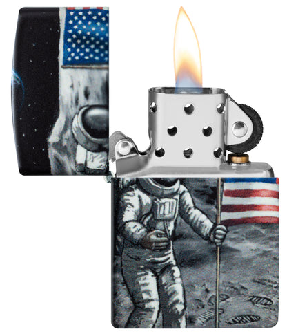 Zippo Moon Landing Design Glow in the Dark Windproof Lighter with its lid open and lit.