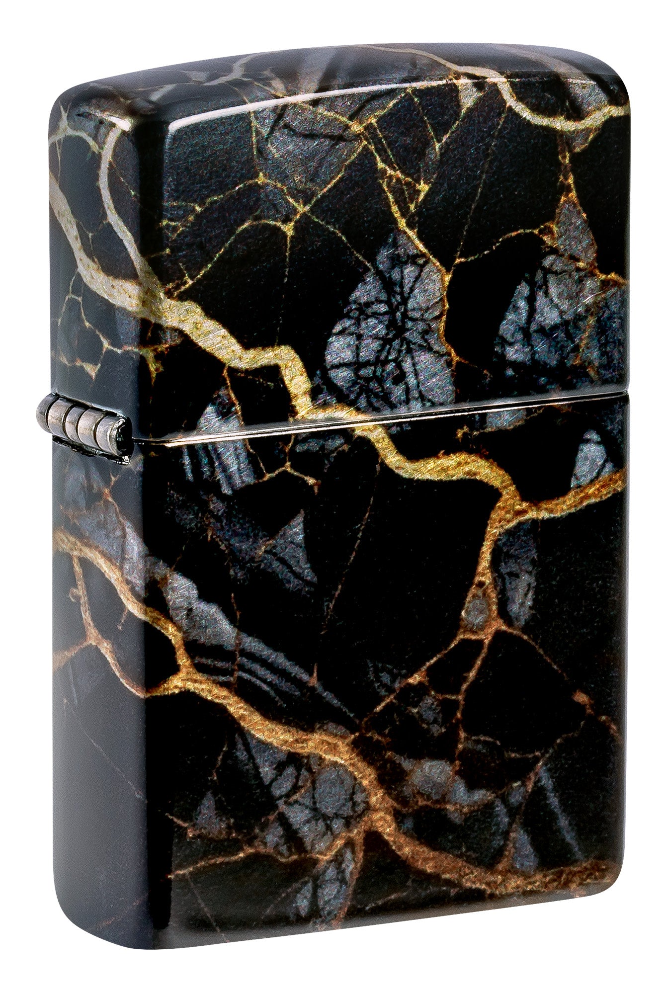 Front shot of Zippo Fusion Marble Design 540 Tumbled Chrome Windproof Lighter standing at a 3/4 angle.